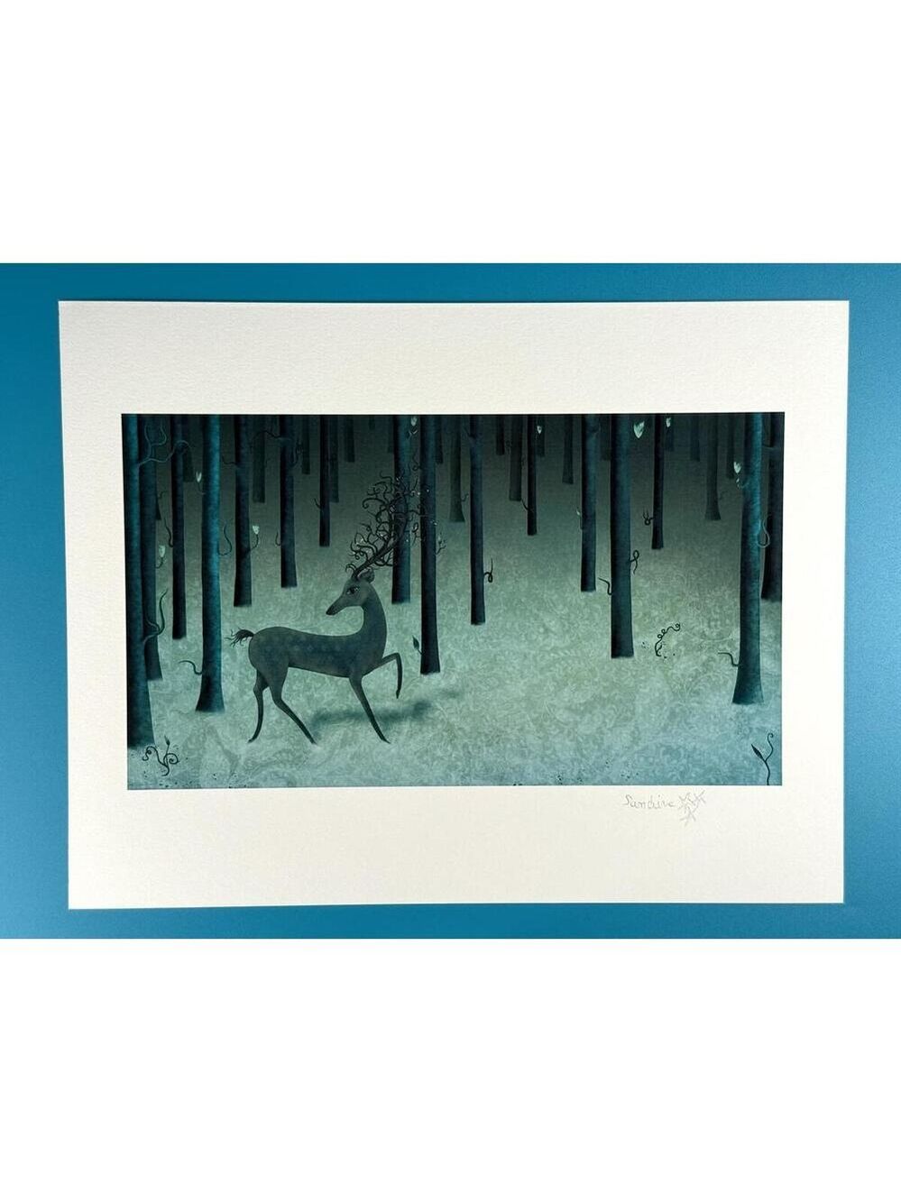Sandrine Mercier Deer in Forest Illustration Signed Fantasy Giclee Art Print